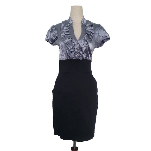 Vintage Y2K Satin Ruffle Sheath Dress Size 7 Gray Preppy Office Siren Coquette - Picture 1 of 8